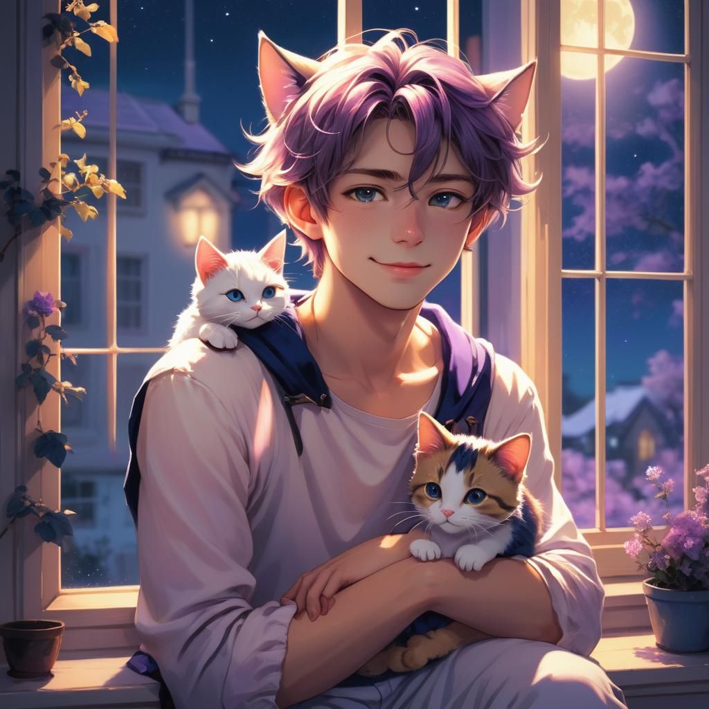 Anime Boy with Cat Ears in Moonlight