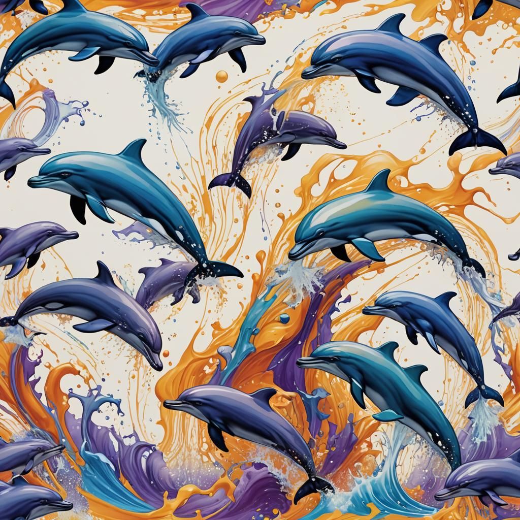 Dolphins Leaping: Intricate Line Art in Fantasy Style