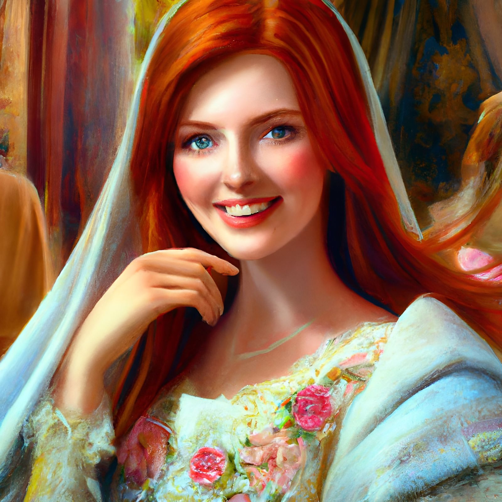 Ornate Portrait of a Red-Haired Woman, Oil Painting