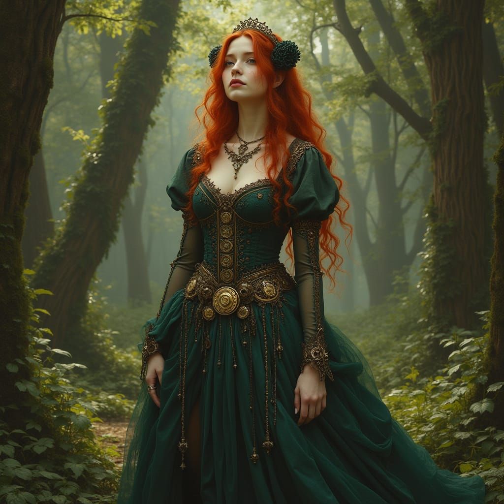 Steampunk Sorceress in Forest Grove, Pre-Raphaelite Style