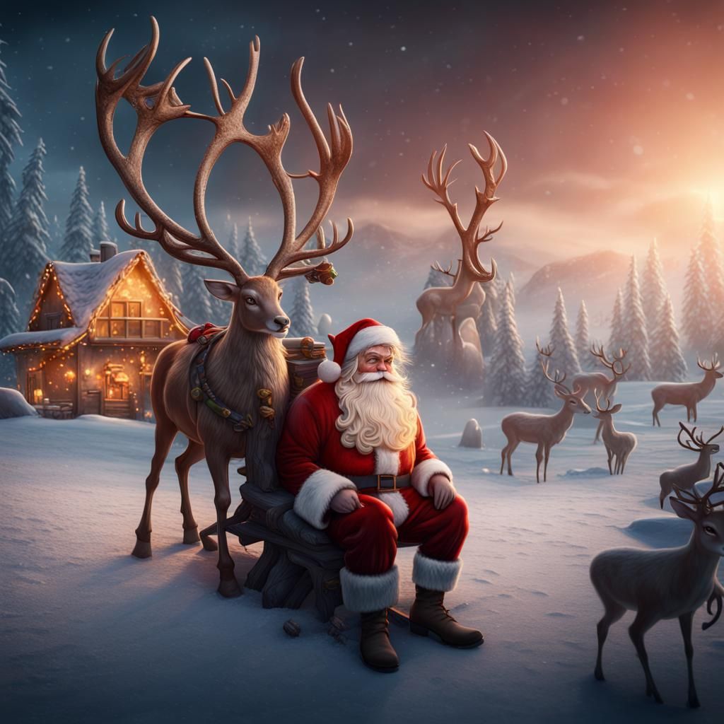 Santa and Rudolf in Detailed Christmas Art
