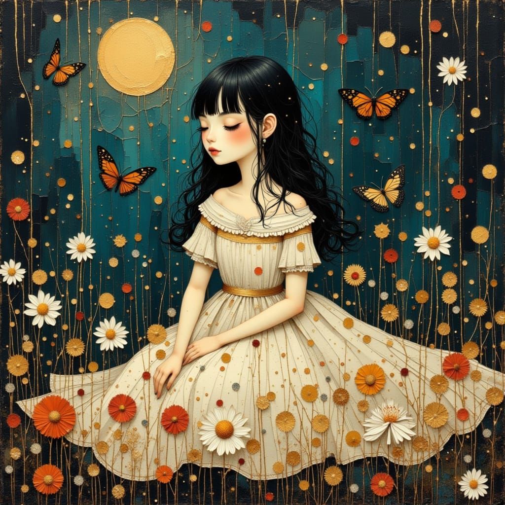 Girl in Nightgown with Earth and Teal Accents