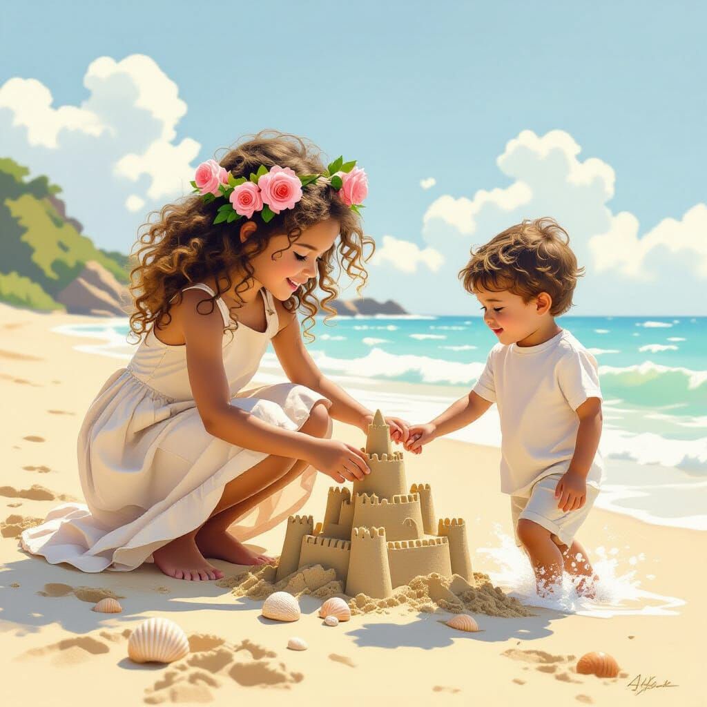 Girl Building Sandcastle with Roses in Hair
