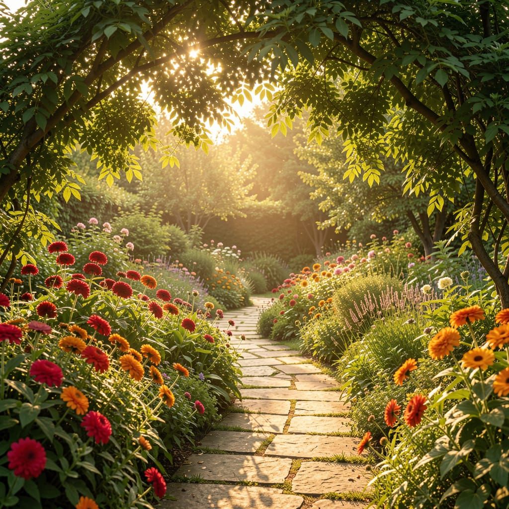 Photorealistic Garden at Golden Hour