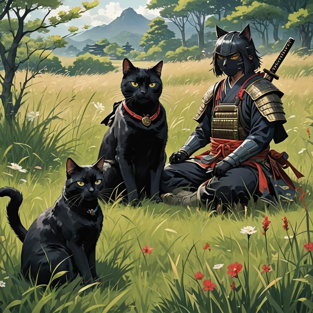 Black Cat and Samurai Warrior in Anime Style