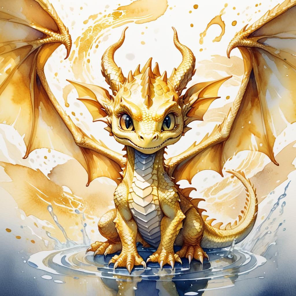 Cute Baby Dragon Watercolor Illustration in Anime Style