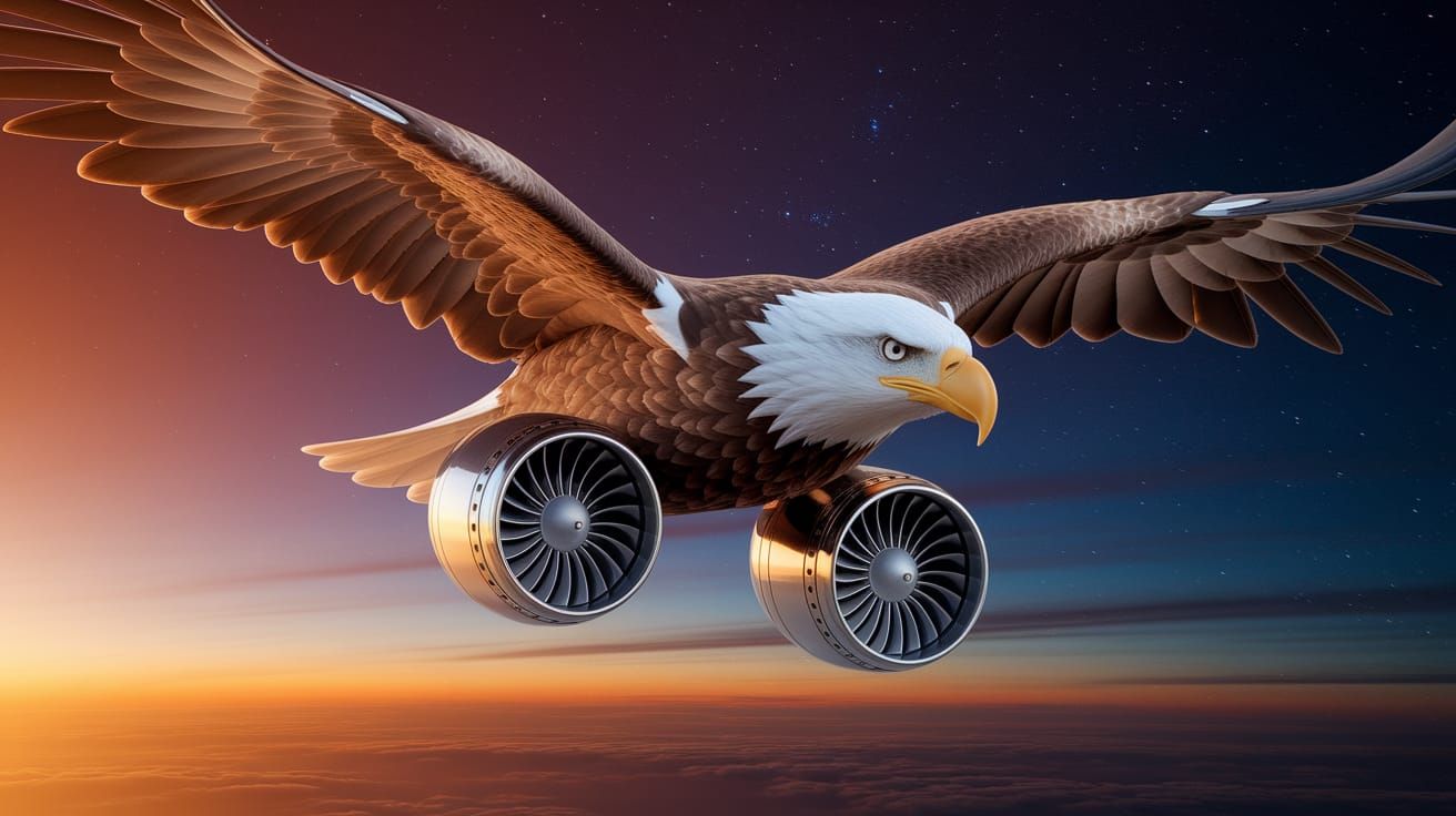 Eagle with Jet Engines Soars Through Night Sky