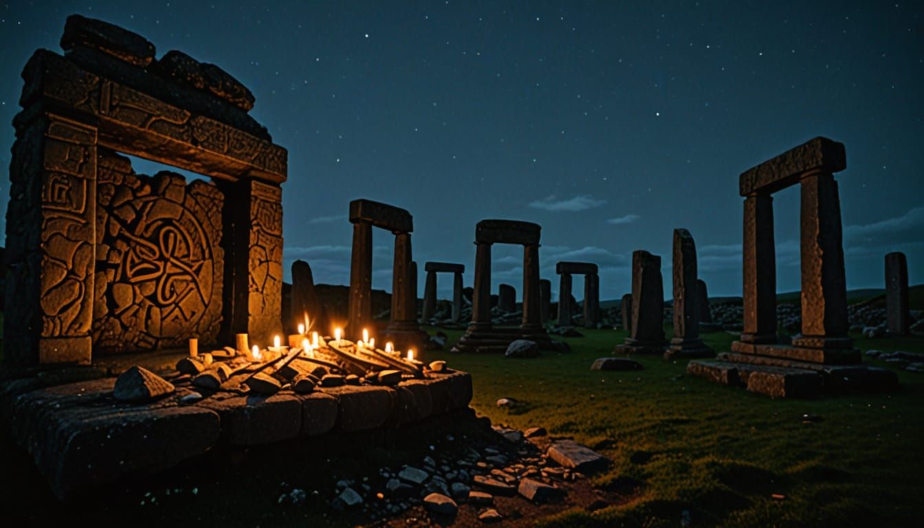 Candles Illuminating Ancient Celtic Ruins at Night