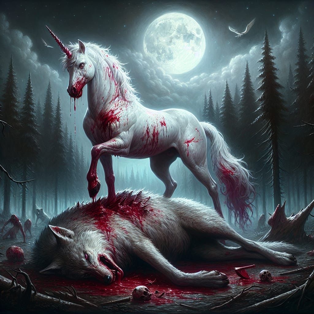 Bloodied Unicorn Victory in Matte Oil Painting