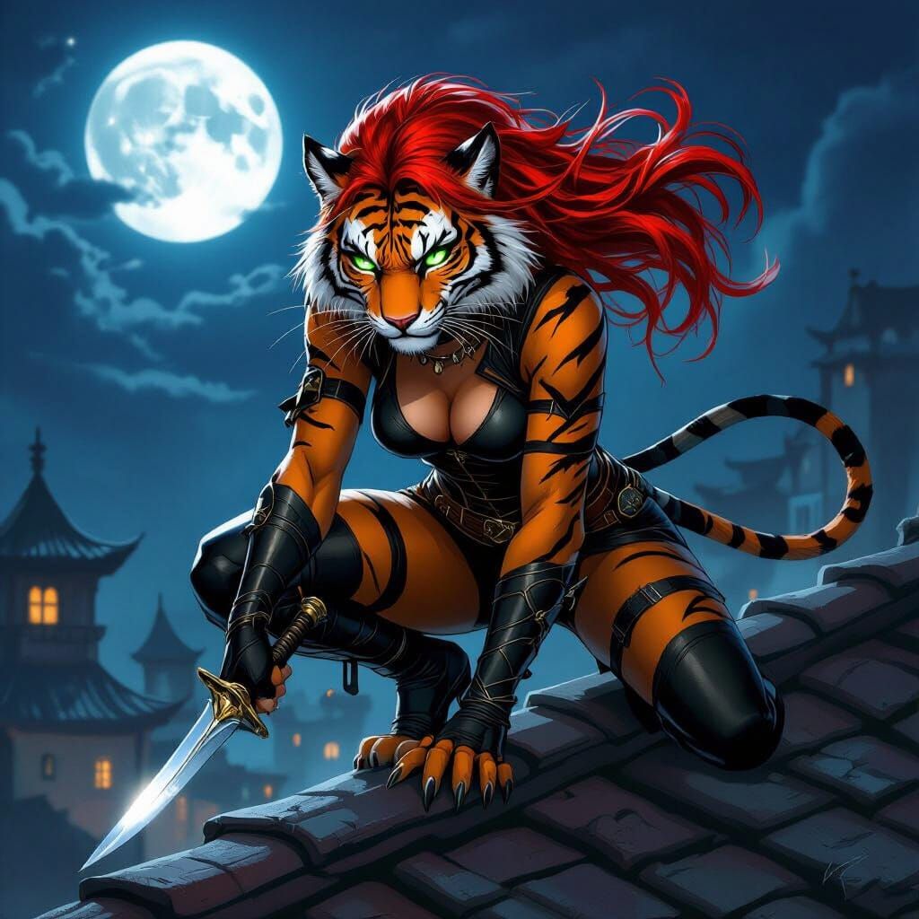 Anthropomorphic Tigress Assassin on Rooftop