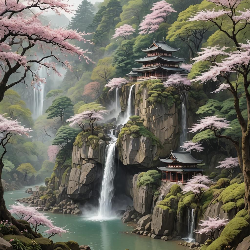 Forest Waterfall Temple in Fantasy Concept Art