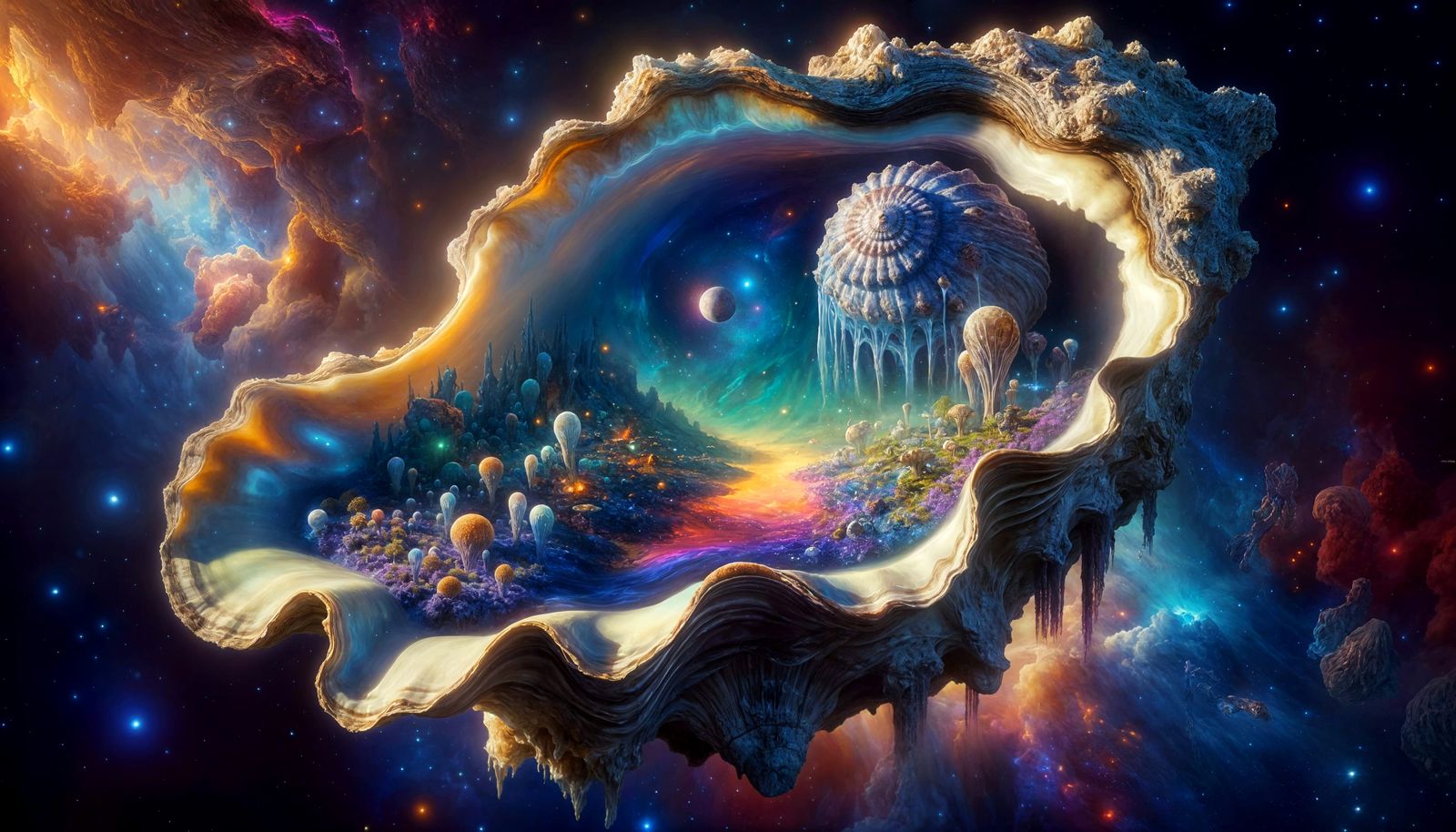 "A vibrant Alien world, in a Galactic Giant Oyster Shell"