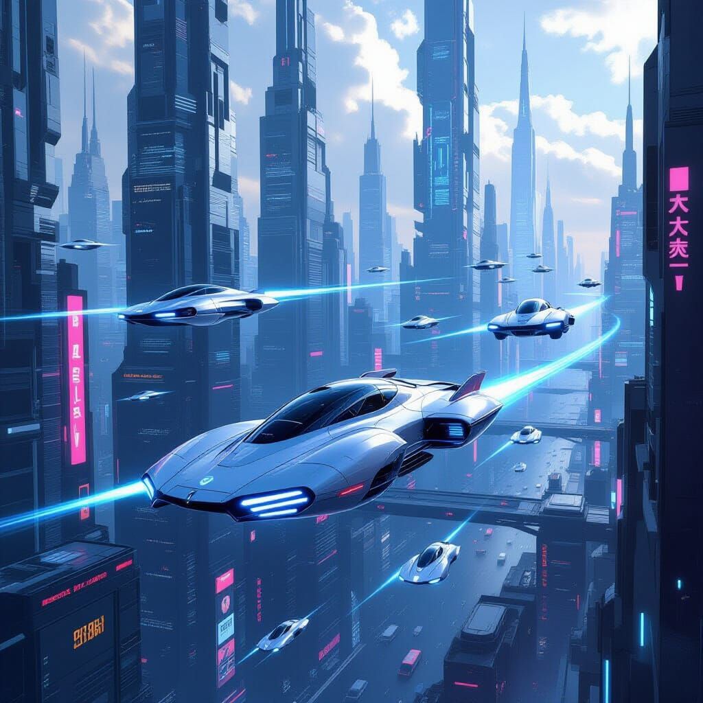 Futuristic Metropolis with Flying Cars in Cyberpunk Style