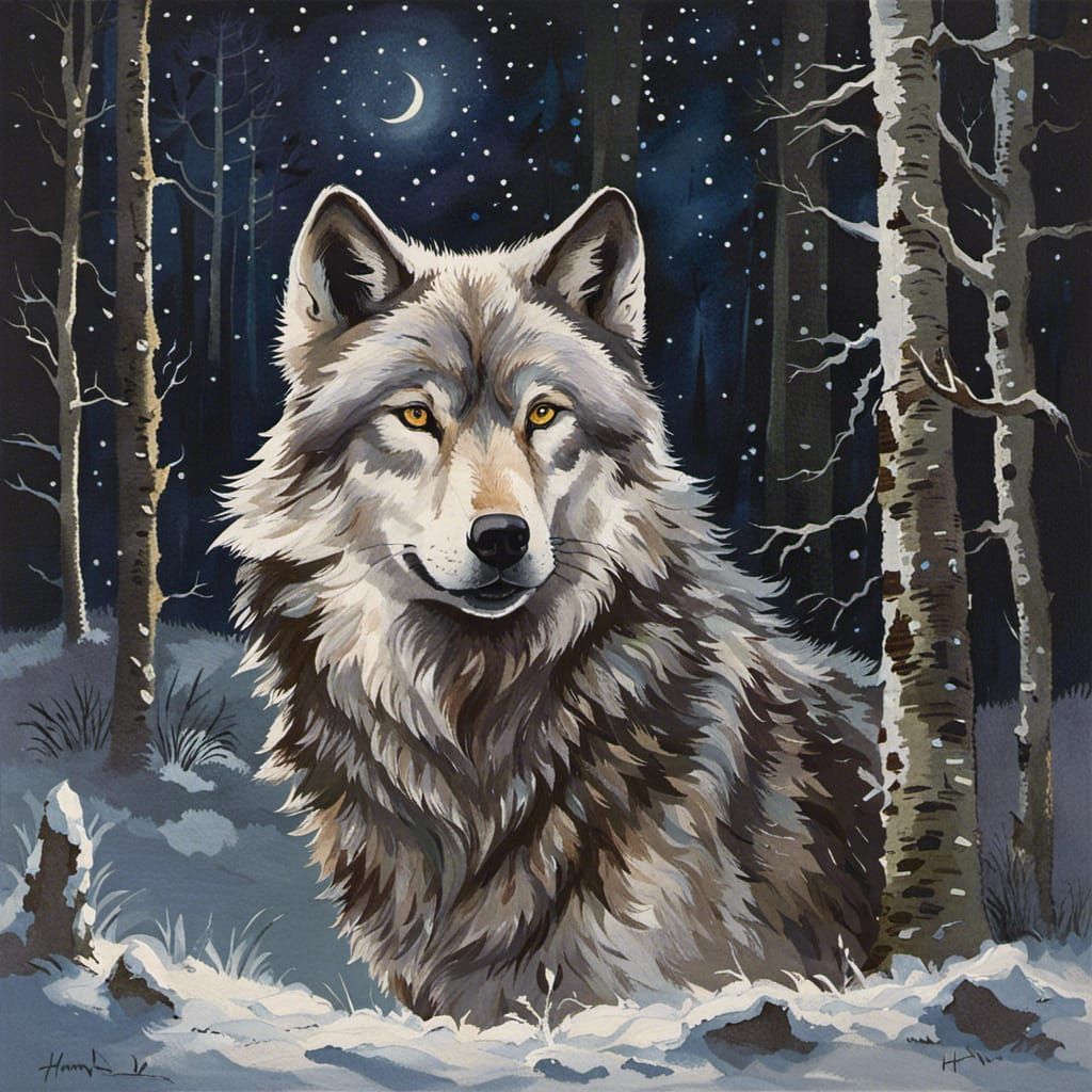 Wolf in Woods at Night in Watercolor Style