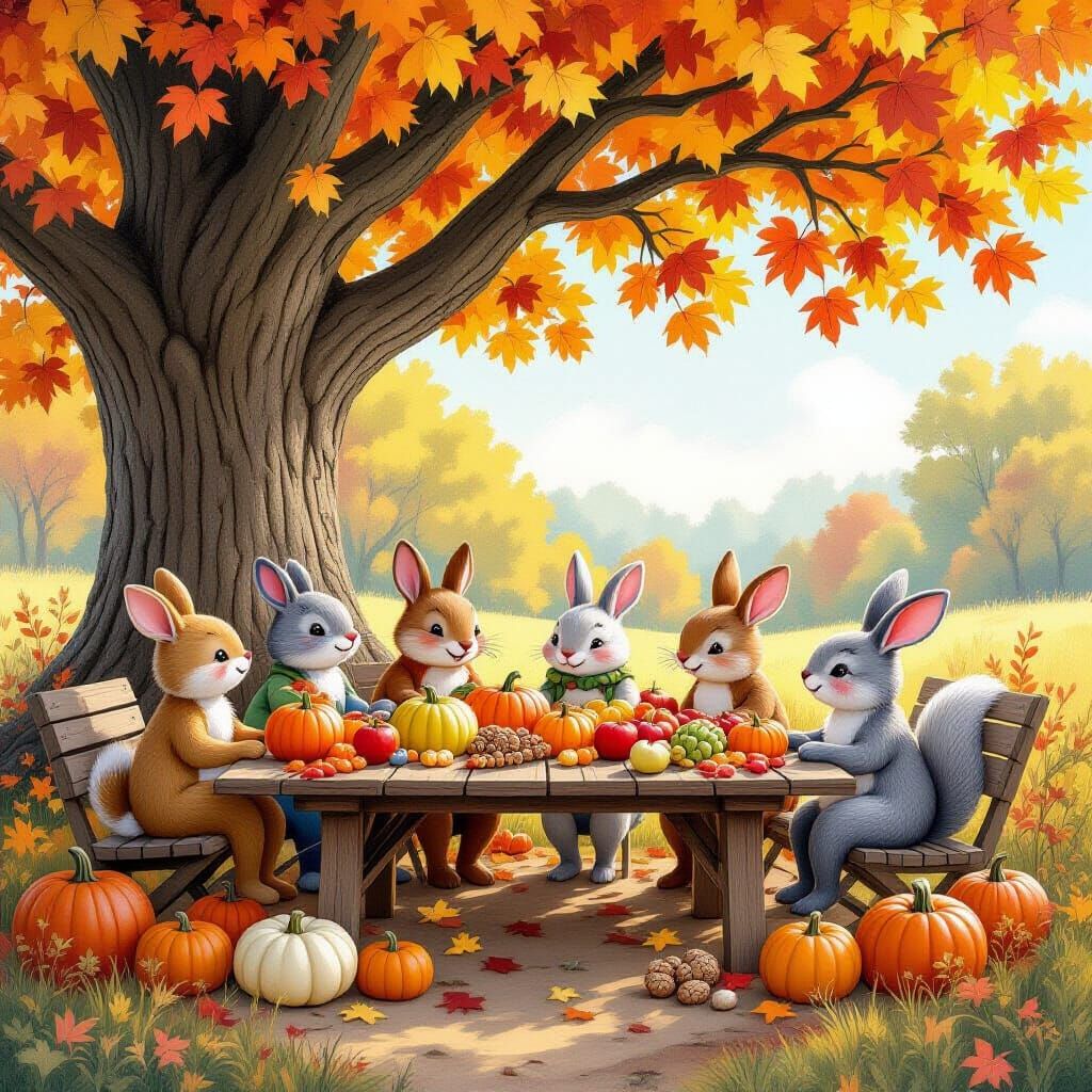 Autumn Harvest Table With Smiling Forest Animals