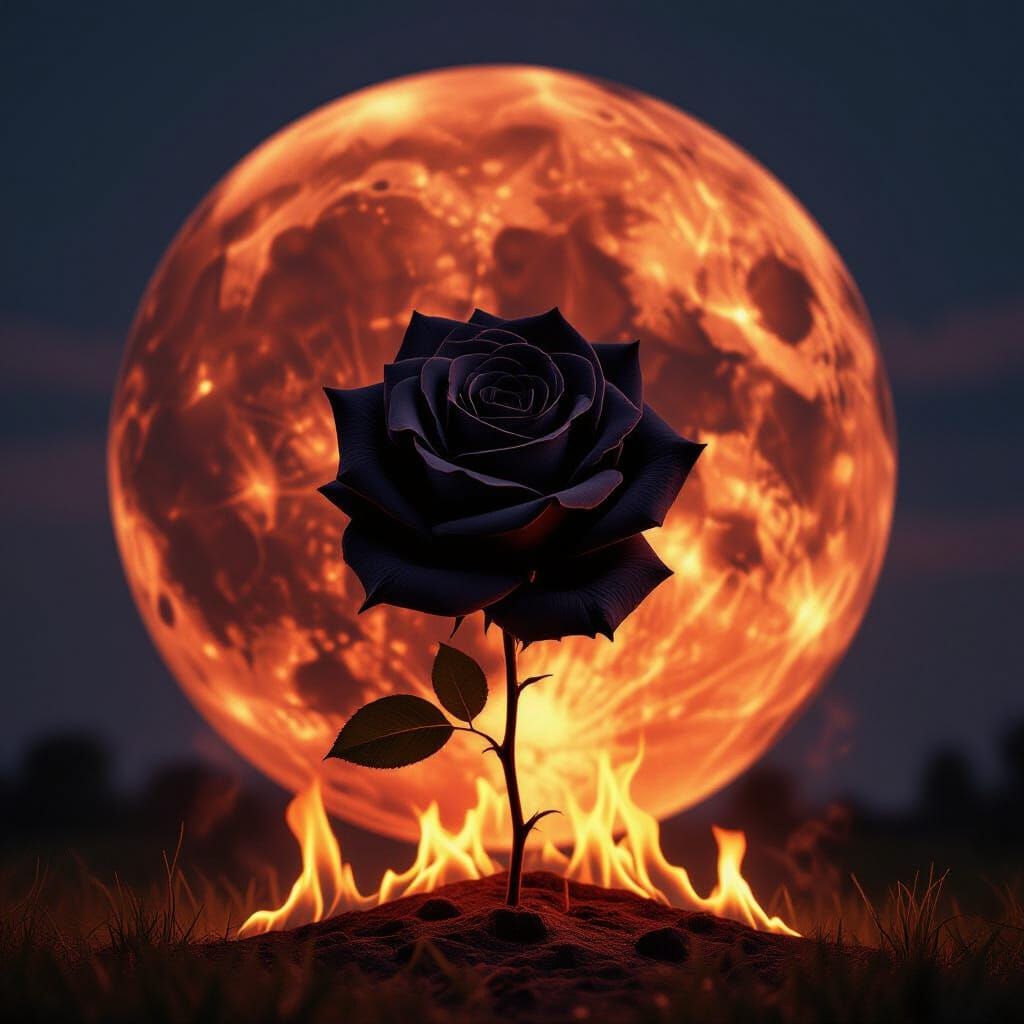 Giant Black Rose Burns Under Blood Moon