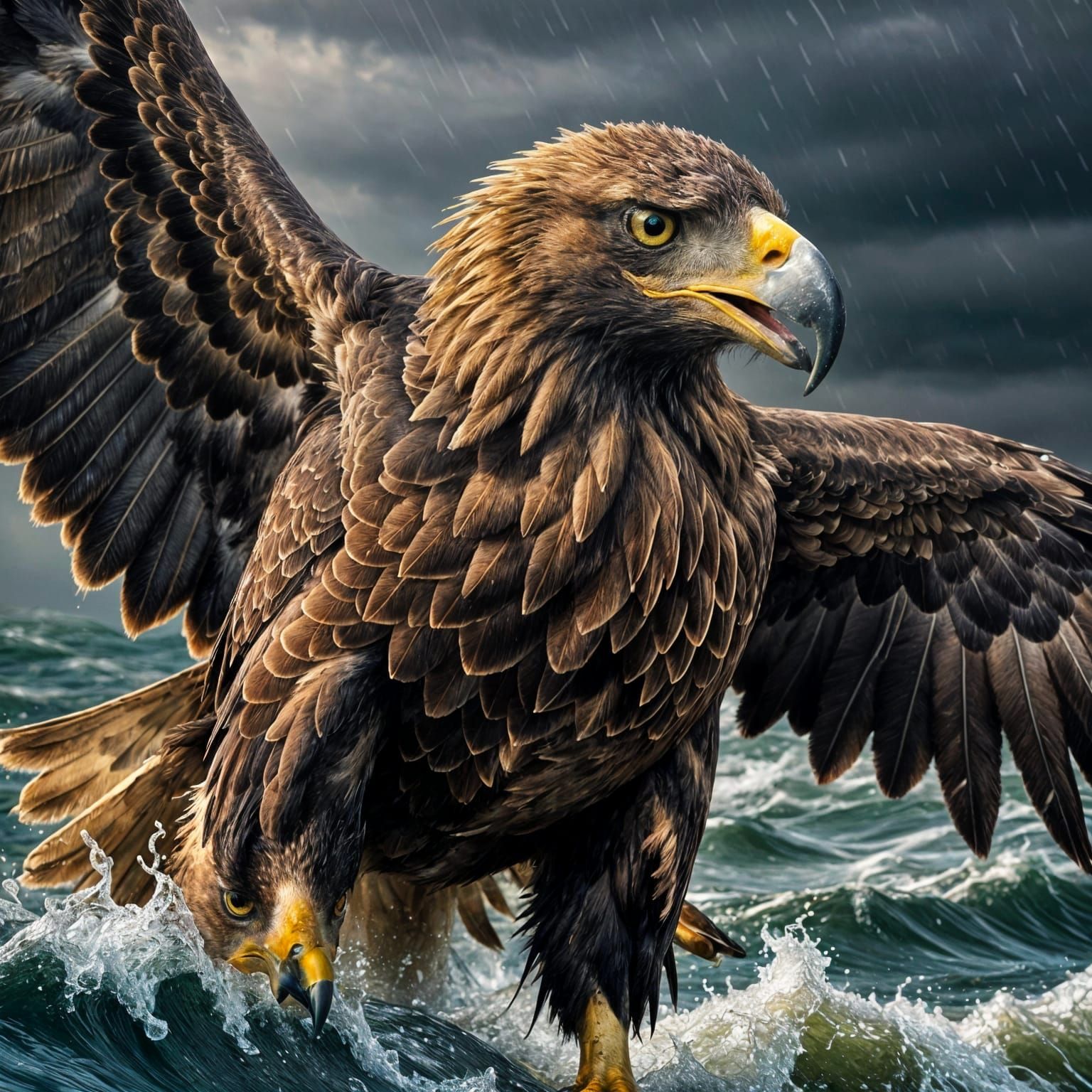 Golden Eagle Rising from Stormy Ocean