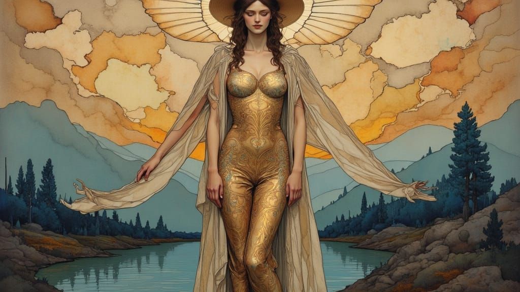 Dreamlike Woman in Tempera with Gold Leaf Accents