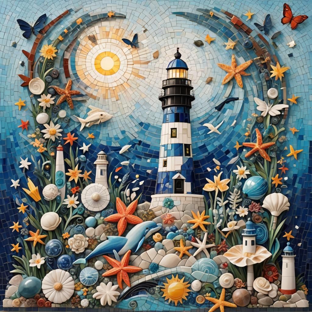 Vibrant Mosaic Artwork of a Lighthouse