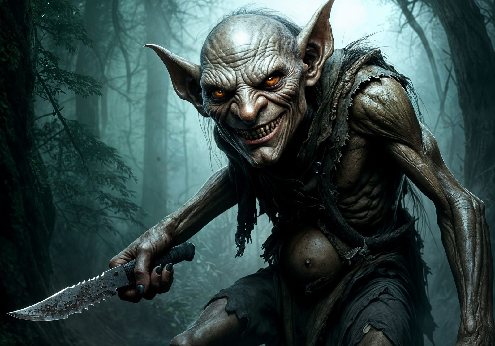 Photorealistic Goblin Lurking in Dark Forest