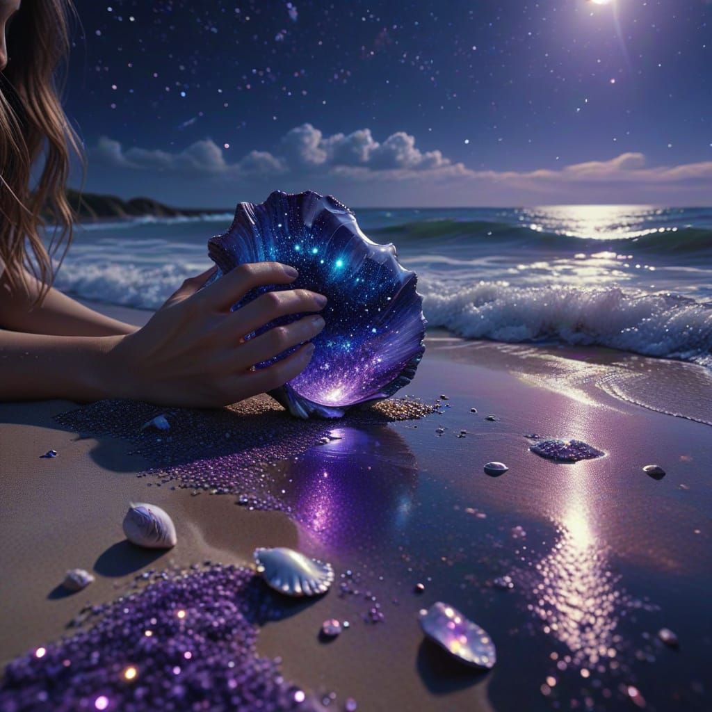 Surreal Beach with Amethyst Sand and Moonlight Waves