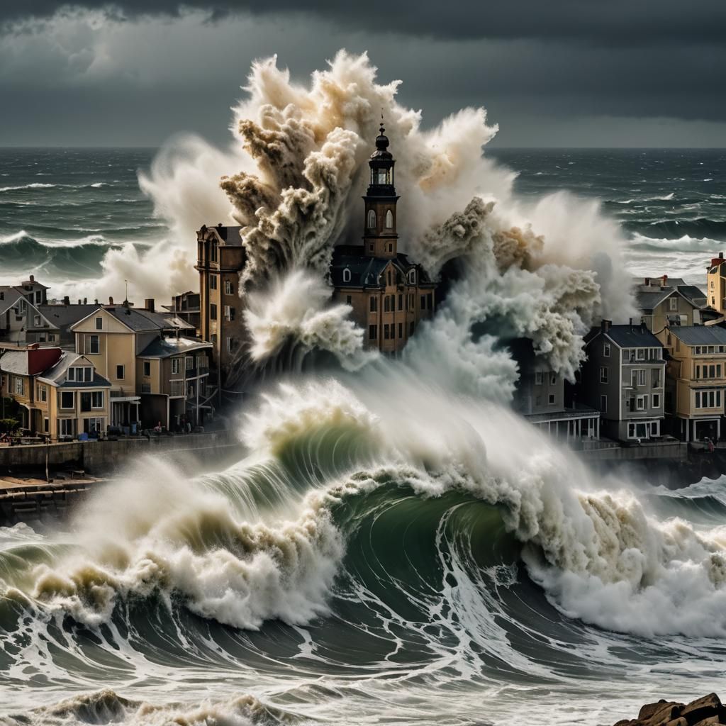Giant Waves Destroy Coastal City: Hyperrealistic HDR Image