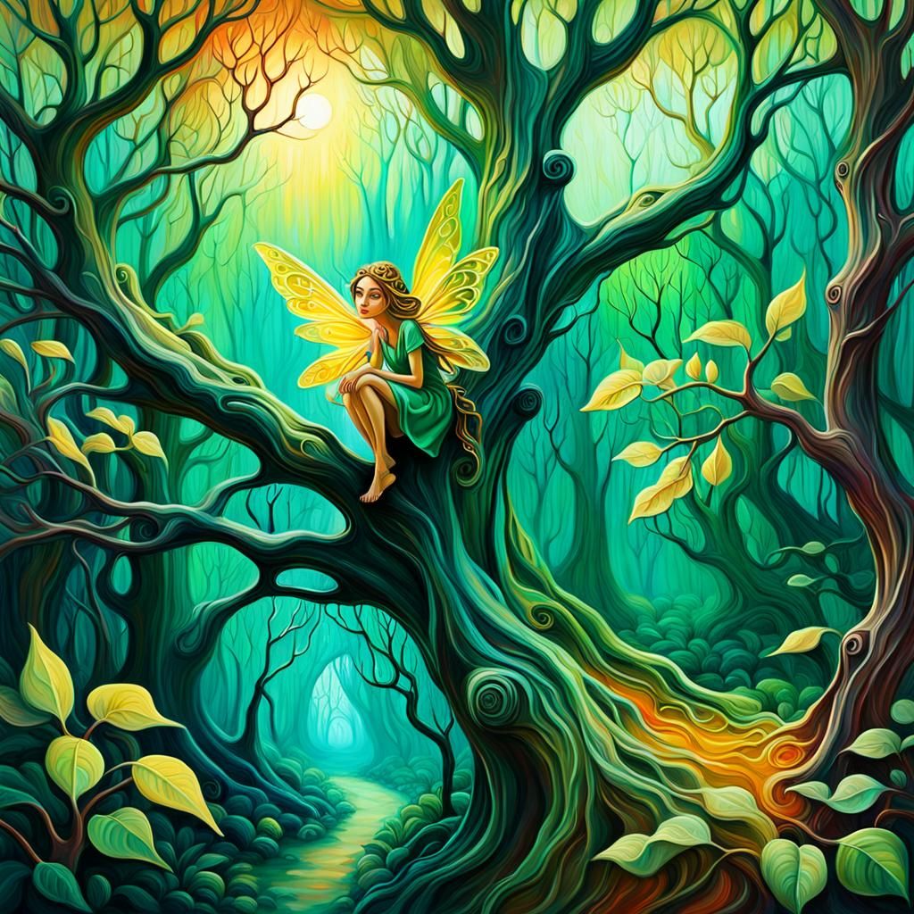 Fairy in Enchanted Forest: Surreal Oil Painting