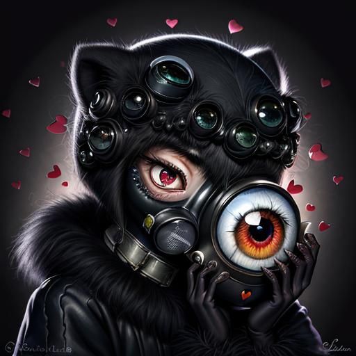 Surreal 3D Character with Large Eyes and Hearts