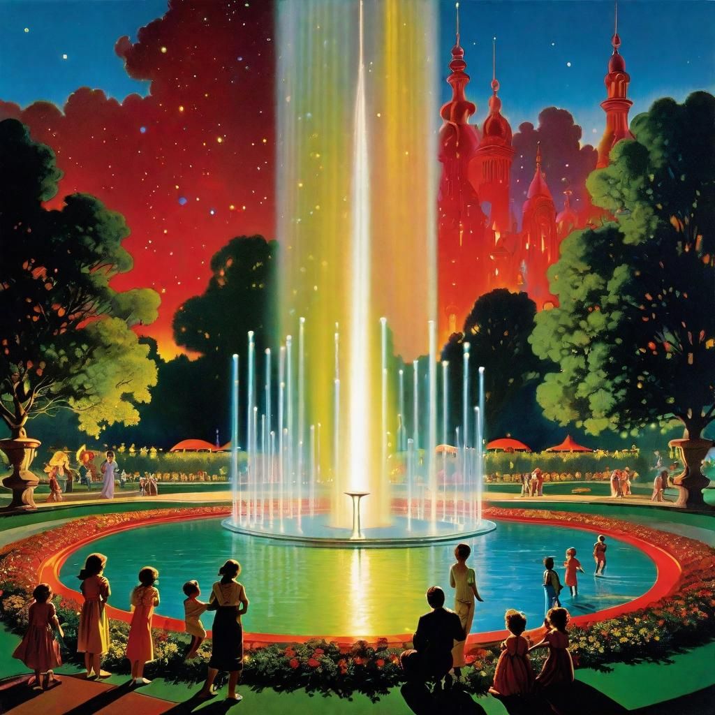 Retro-futuristic Fountain with Colorful Water Jets