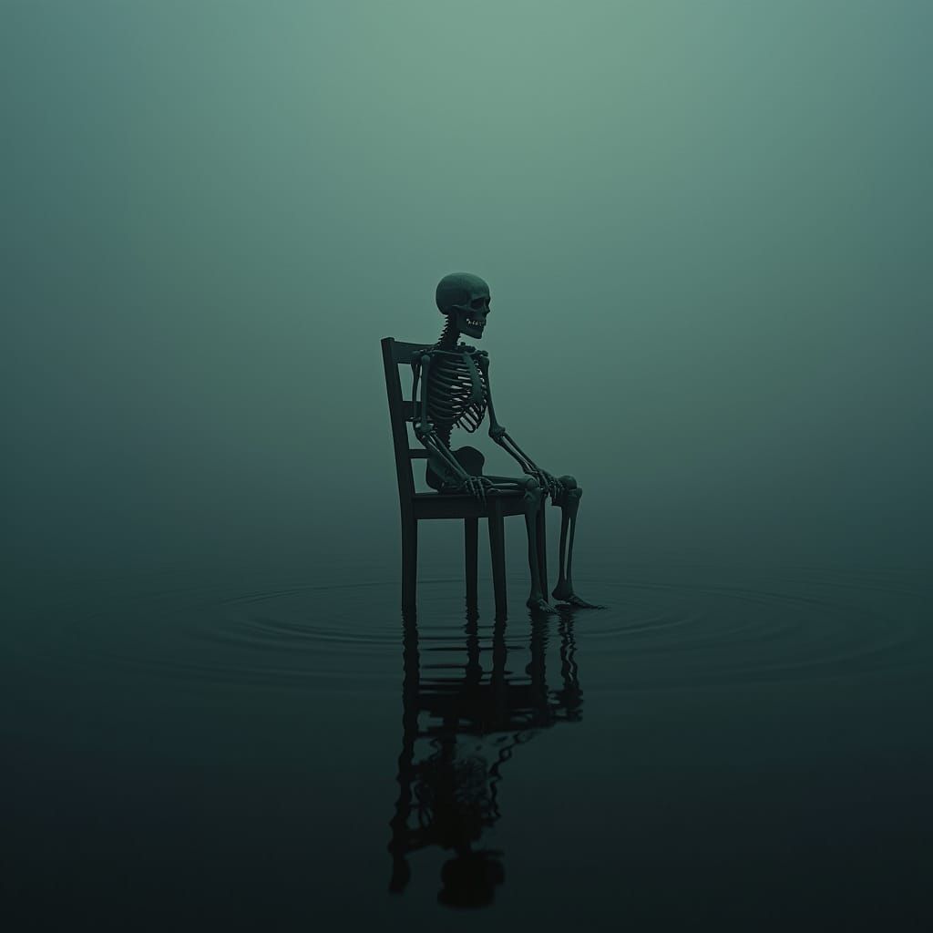 Skeletal Figure on Water in Eerie Mist