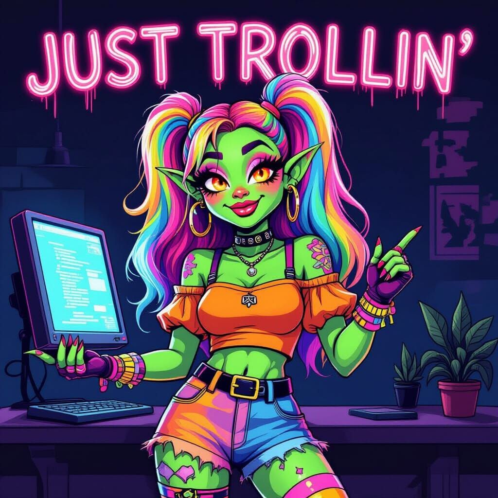 Female Troll in 80s Outfit with Neon Sign