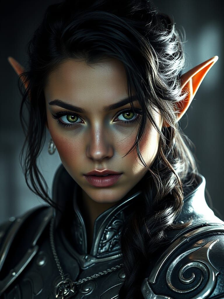 Stunning Female Elf with Intense Green Eyes in Hyper Realist...