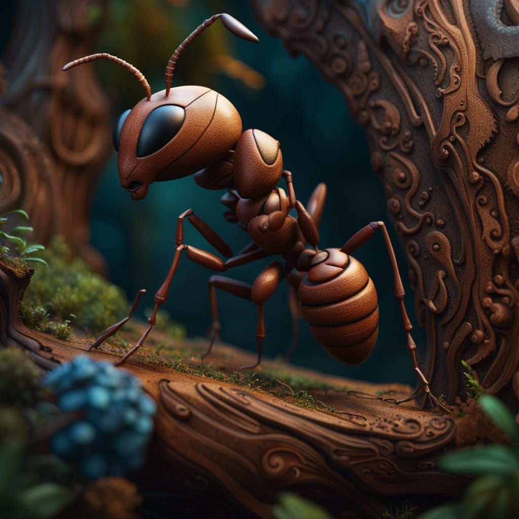 Detailed Wood Carving of an Ant