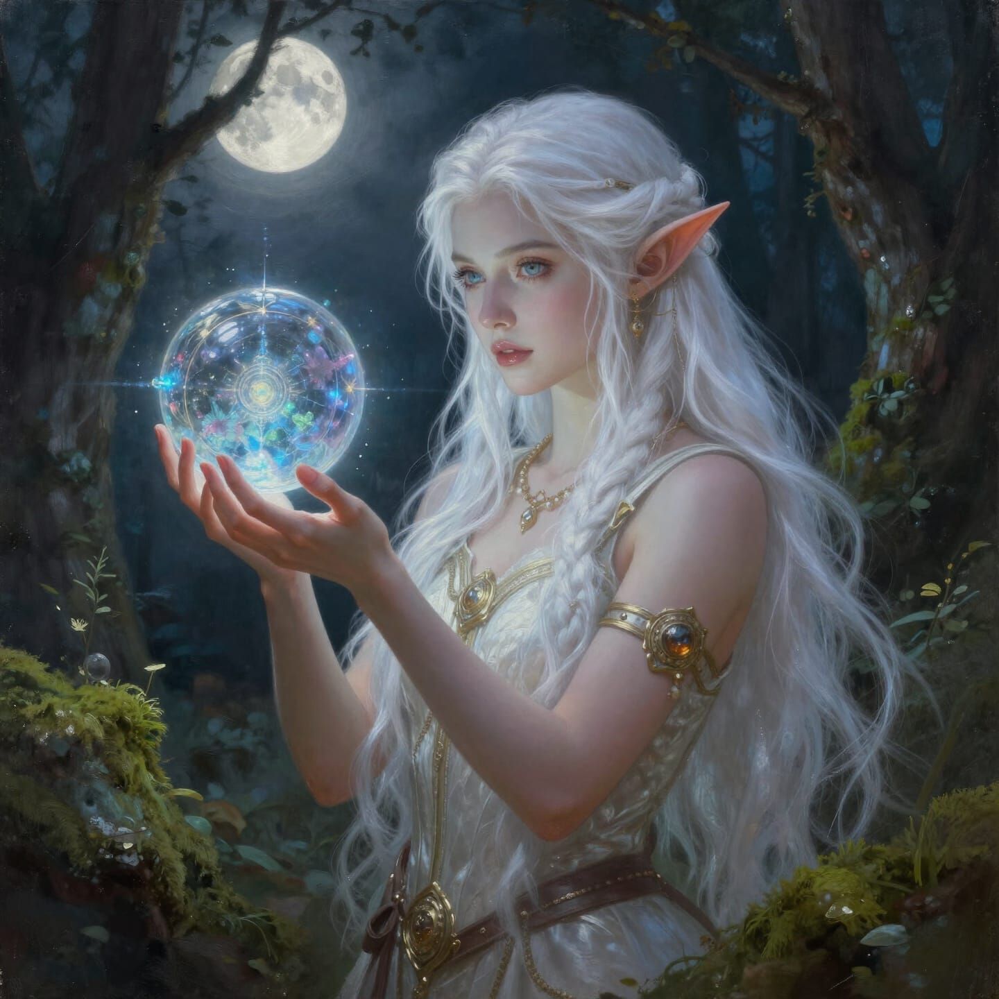 Elf Sorceress Holding Magic Orb in Moonlight