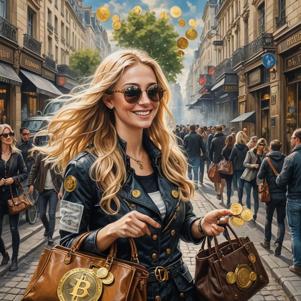 Paris Street Scene with Woman, Bitcoins, and Steampunk