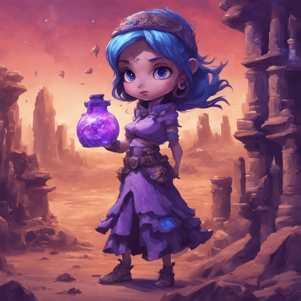 A chibi woman rubbing a magical flask out of which appears a monsterous purple and blue Ginnie.  Desert ruins full of tr...