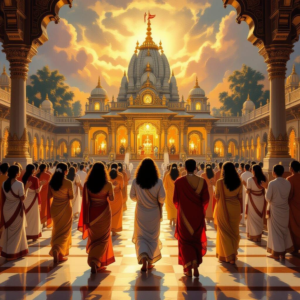 ISKCON Devotees Chanting: A Golden Lit Divine Scene