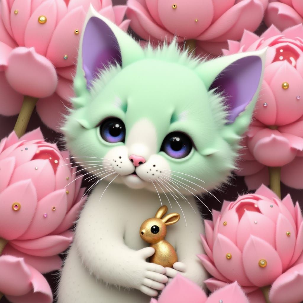 Mint Green Chibi Cat with Gold Rabbit, 3D Render
