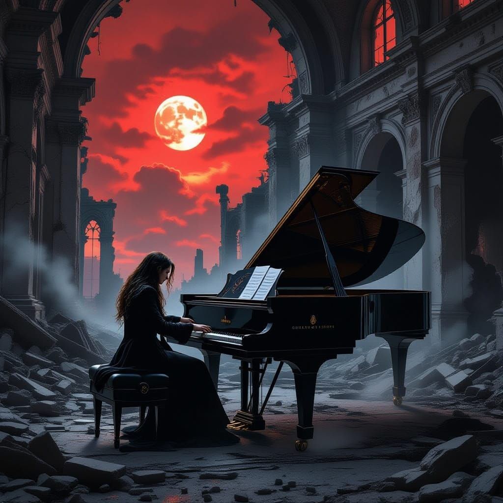 Noble Plays Piano in Ruined Estate Amidst Apocalyptic Sky