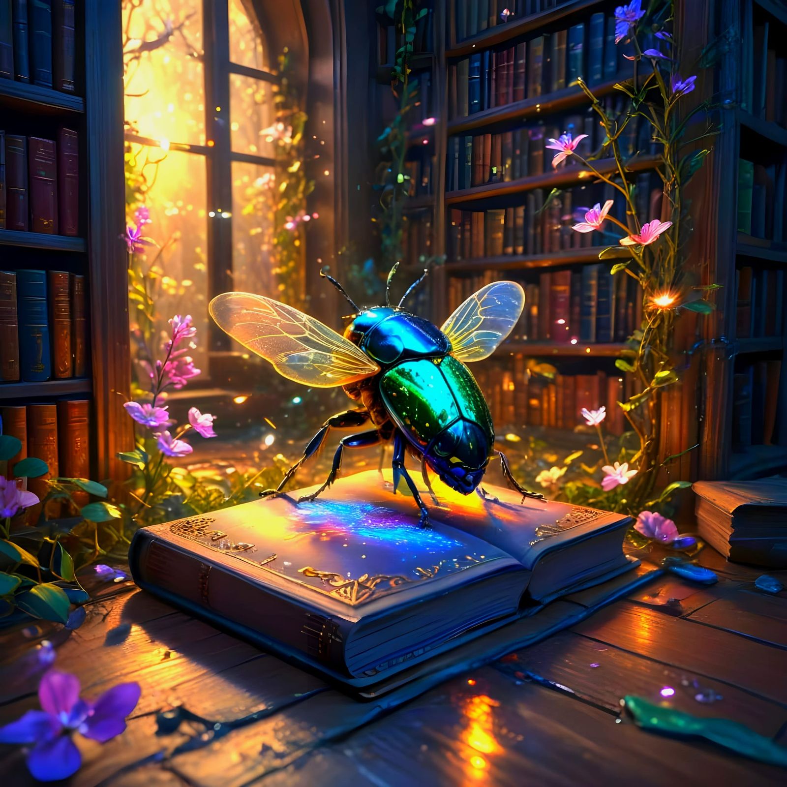 Iridescent Jewel Beetle at a Secret Library Entrance