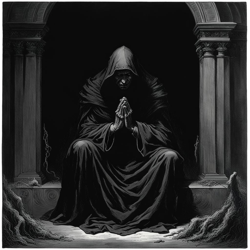 Gothic Man Crying in Prayer: Horror Illustration