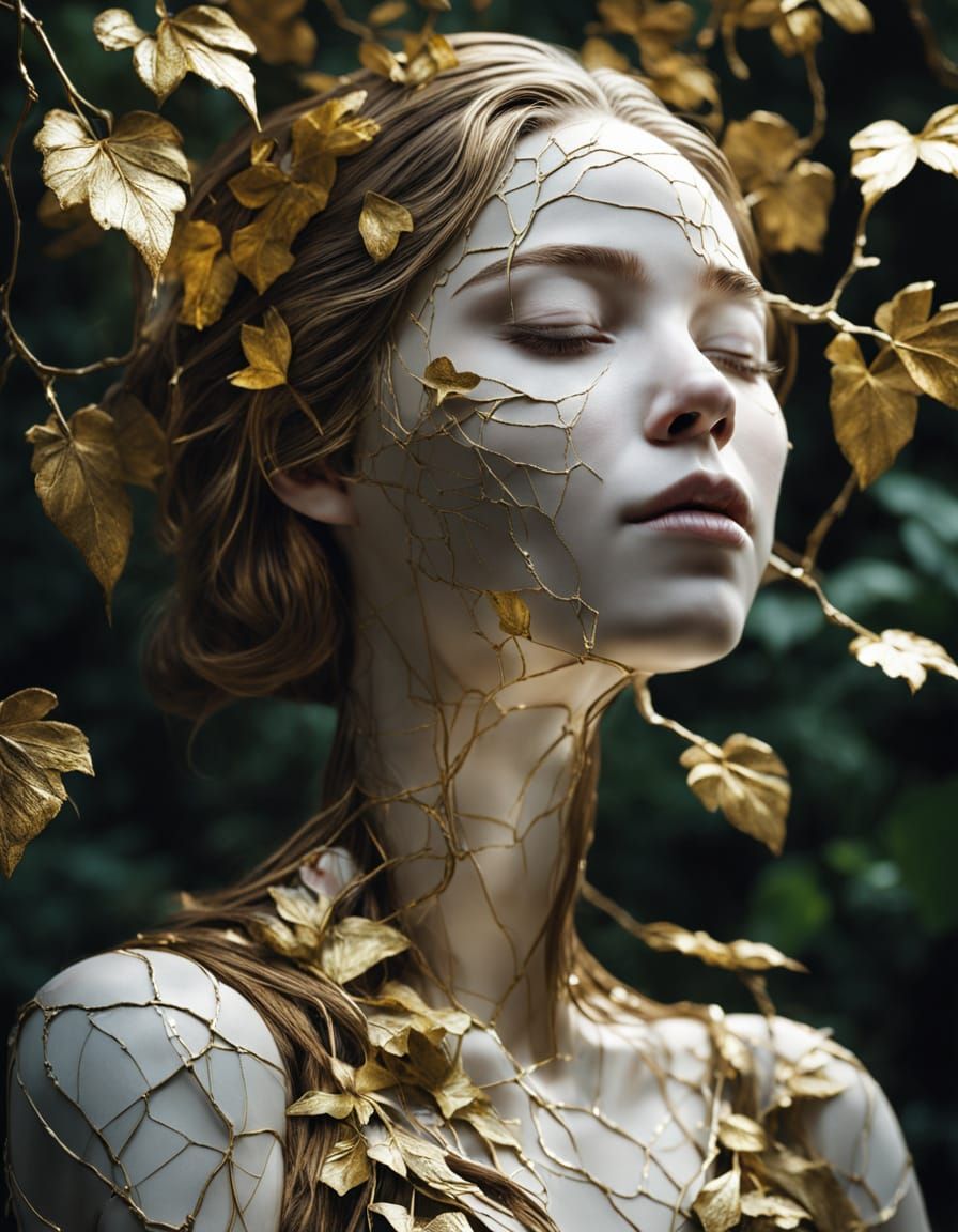 Elegant Kintsugi Goddess with Golden Veins and Lush Greenery
