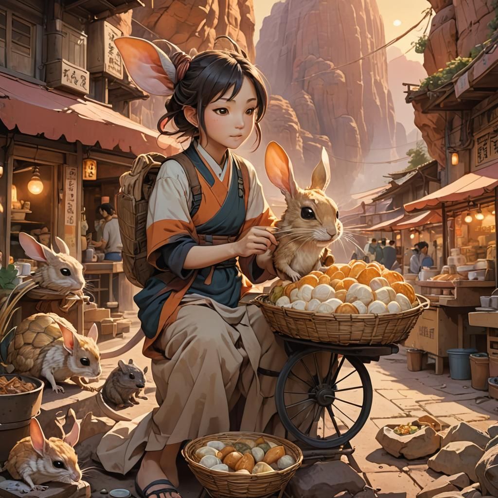 Anime Food Cart Scene with Jerboa and Dumplings