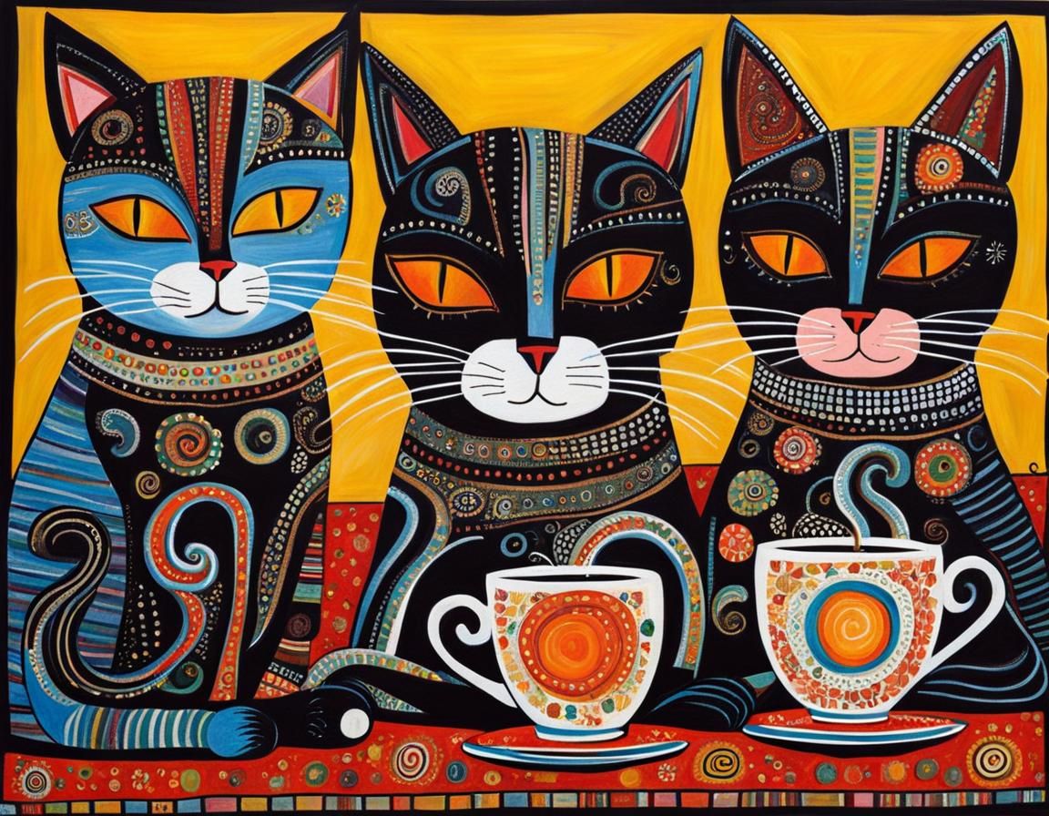 Cats Drinking Coffee in Outsider Art Style