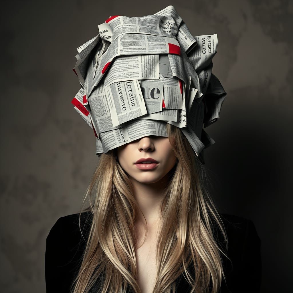 Enigmatic Woman in Newspaper Headpiece