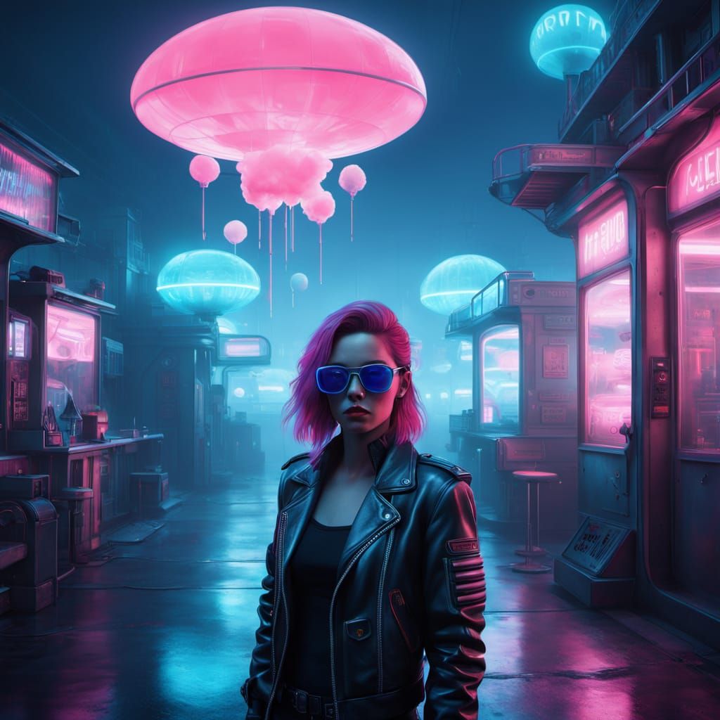 Cyberpunk Woman with Cotton Candy in Neon Cityscape