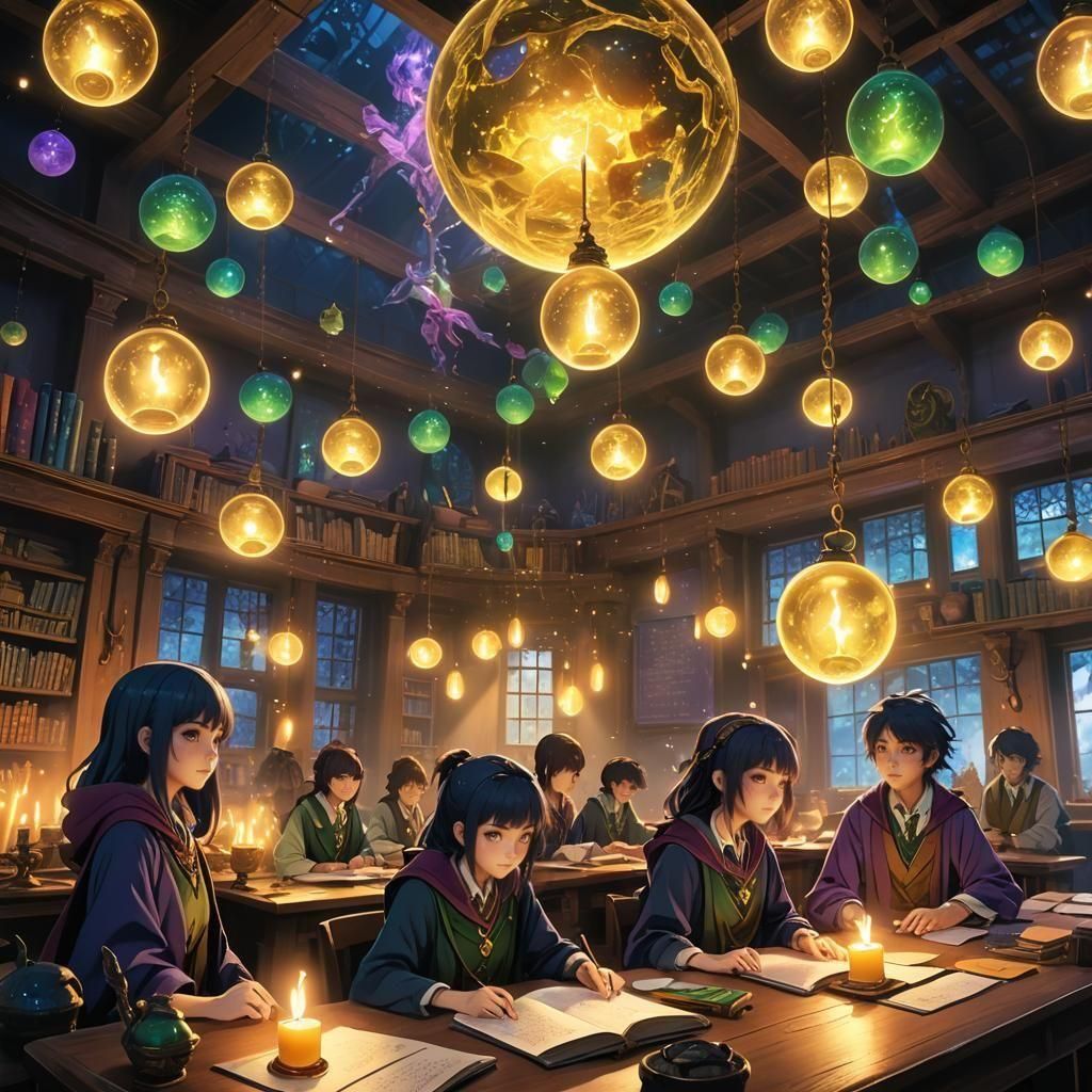 Anime-Style Magic Class with Mystical Creatures