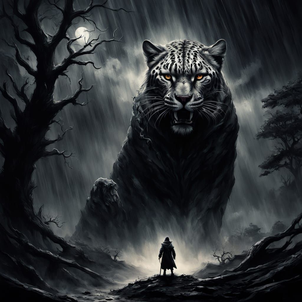 Surreal Demon Leopard Confronts Chaos in Dark Fantasy