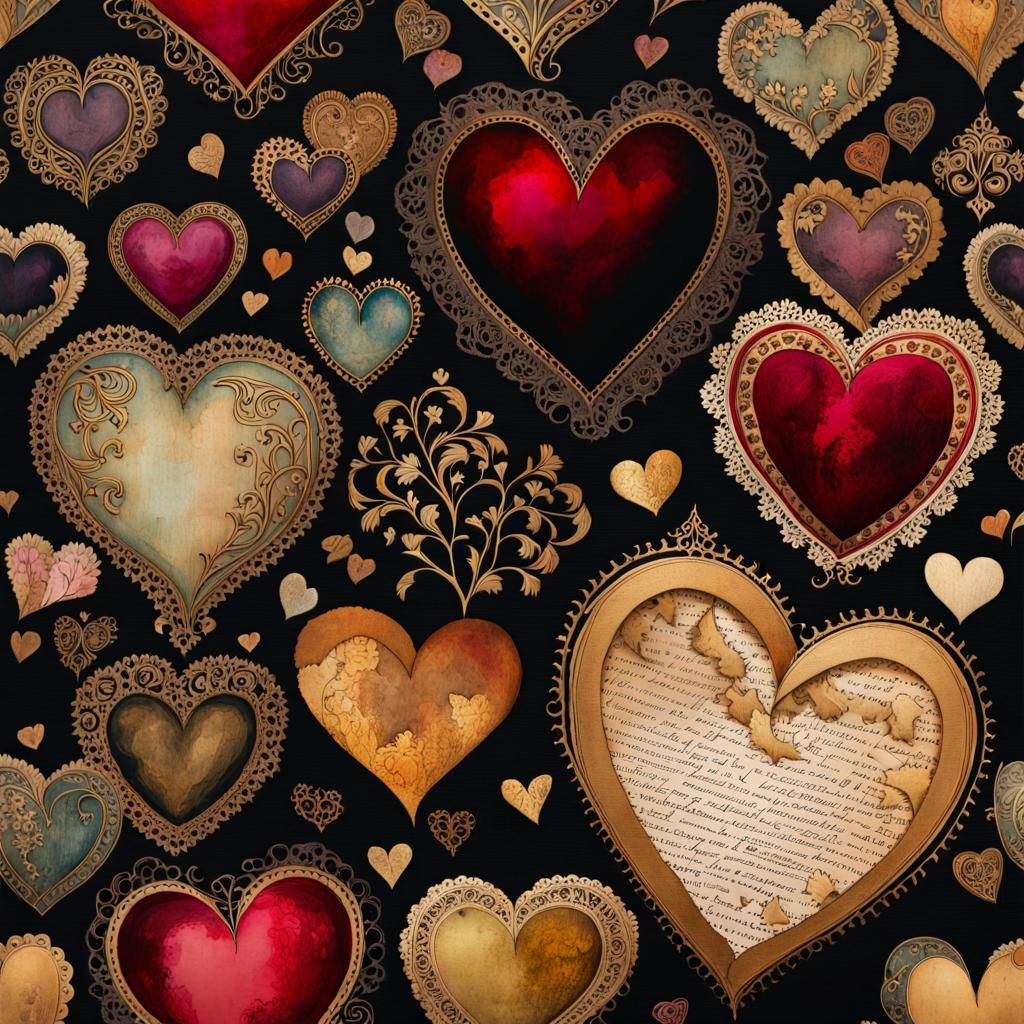 Colorful Hearts with Vintage Watercolor and Ink Details