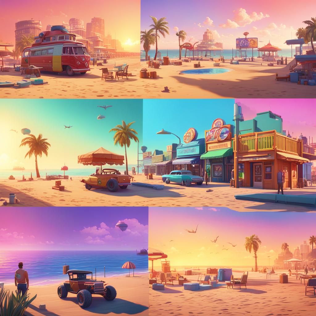 GTA VI Beach Scene in Pixar Style